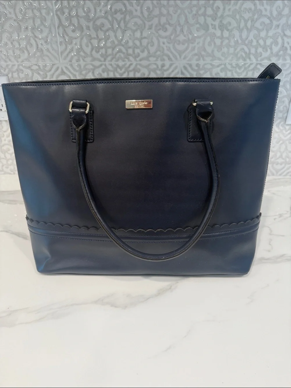 kate spade Navy Leather Scalloped Trim Tote